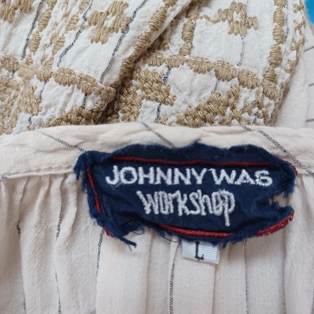 Johnny Was Workshop Embroidered Pinstripe Peasant Blouse Cream Tan Sz L - Picture 5 of 12